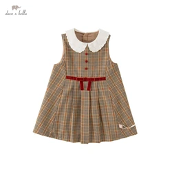 Dave Bella Girls Sleeveless Dress Autumn Bow Decoration Princess Dress Brown Plaid Kids Dress For 2-11Y DB3222684