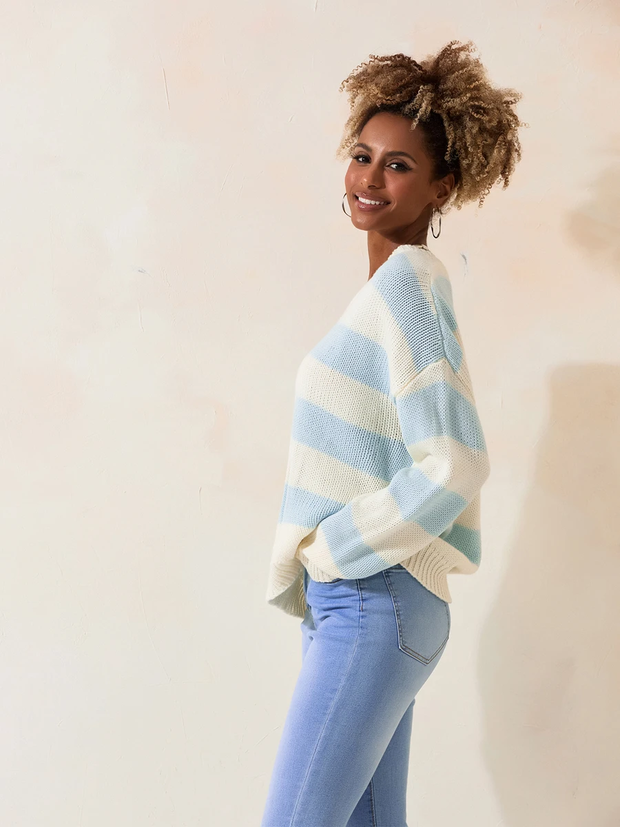 Women s Fall Striped Sweater Drop Shoulder Long Sleeve V-Neck Loose Knitted Tops