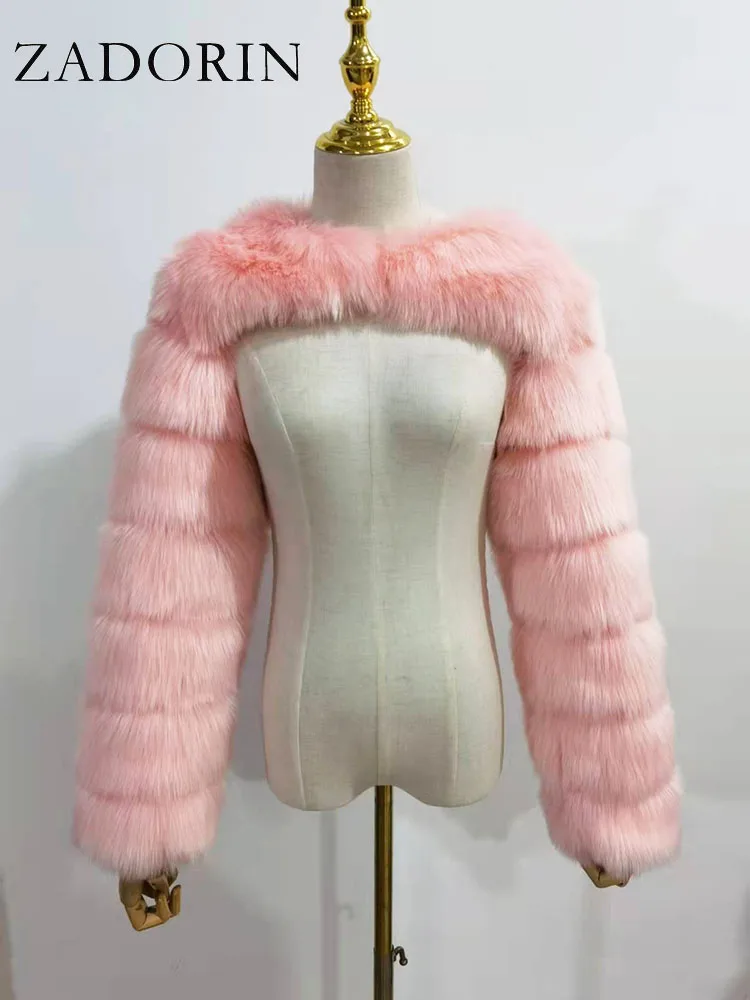 ZADORIN Autumn Winter Cropped Faux Fox Fur Coat Women Luxury Raccoon Long Sleeve Warm Fur Jackets Female Outerwear Pink Red