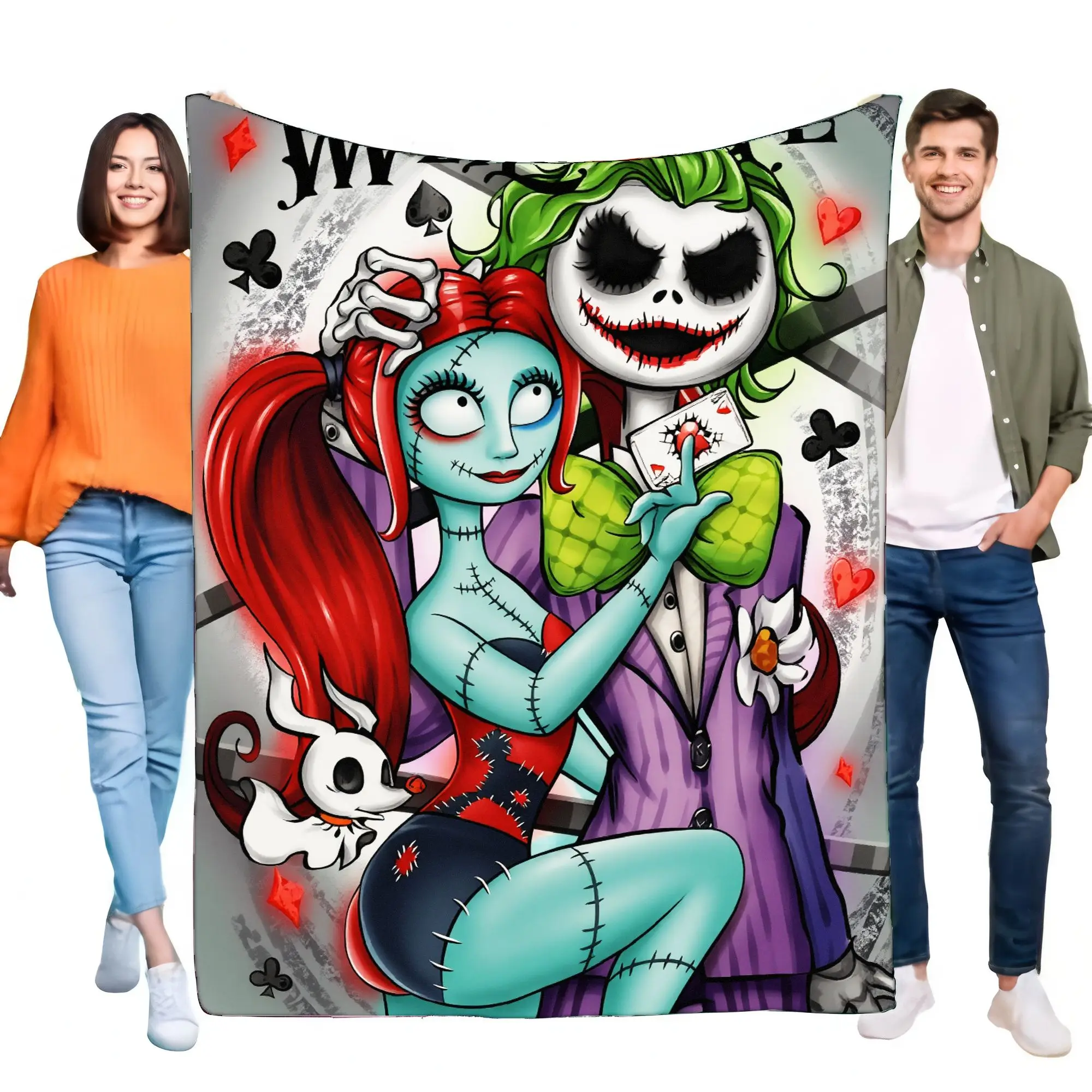 Tapiz de dibujos animados colorido con Sally de 'El pesadilla antes de Navidad' y el personaje del Joker con Mohawk verde, Ho único