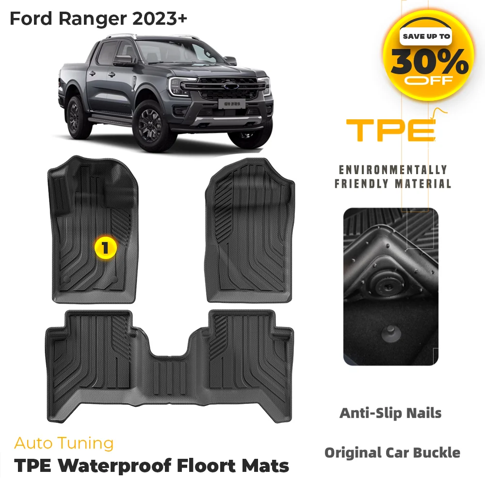 For Ford Ranger 2023+ T9 MK4 PX4 High Version XLT WILDTRAK, TPE Floor Mats Waterproof Anti- Slip Pads Interior Auto Accessories