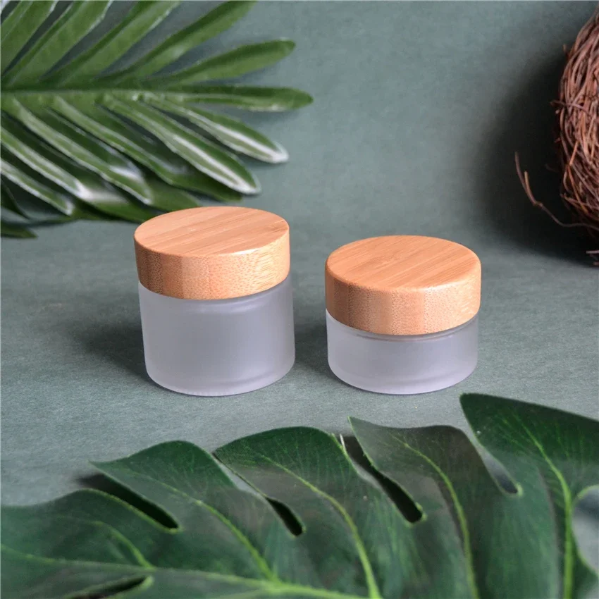

popular seeling Empty Cosmetic Clear Frosted Glass Face Cream Jar and Wood grain cover Makeup Packaging Container Wholesale