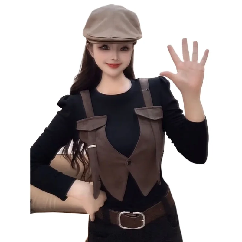 Korean Design Sense Vest Splicing Long-sleeved Fake Two-piece Top Autumn New Fashion Foreign Style Thin and Beautiful T-shirt