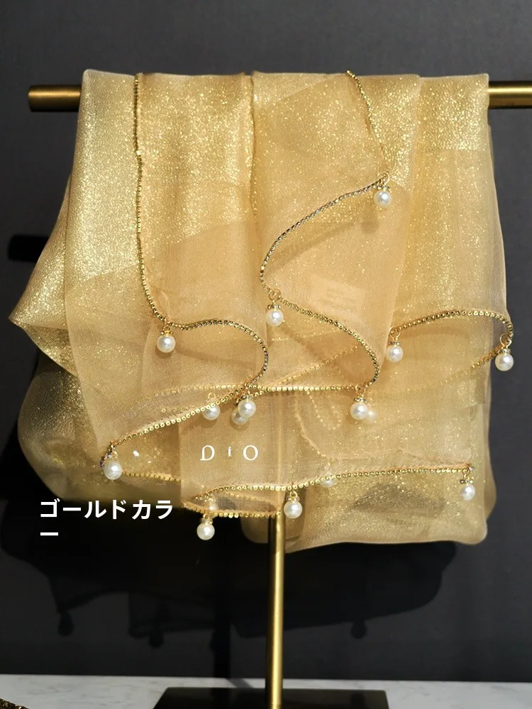 iny-gold-pearl-chain-scarf-hard-tulle-wrap-flaing-diamond-link-bright-yellow-outerwear-versatile-qipao-awl-korean-sle