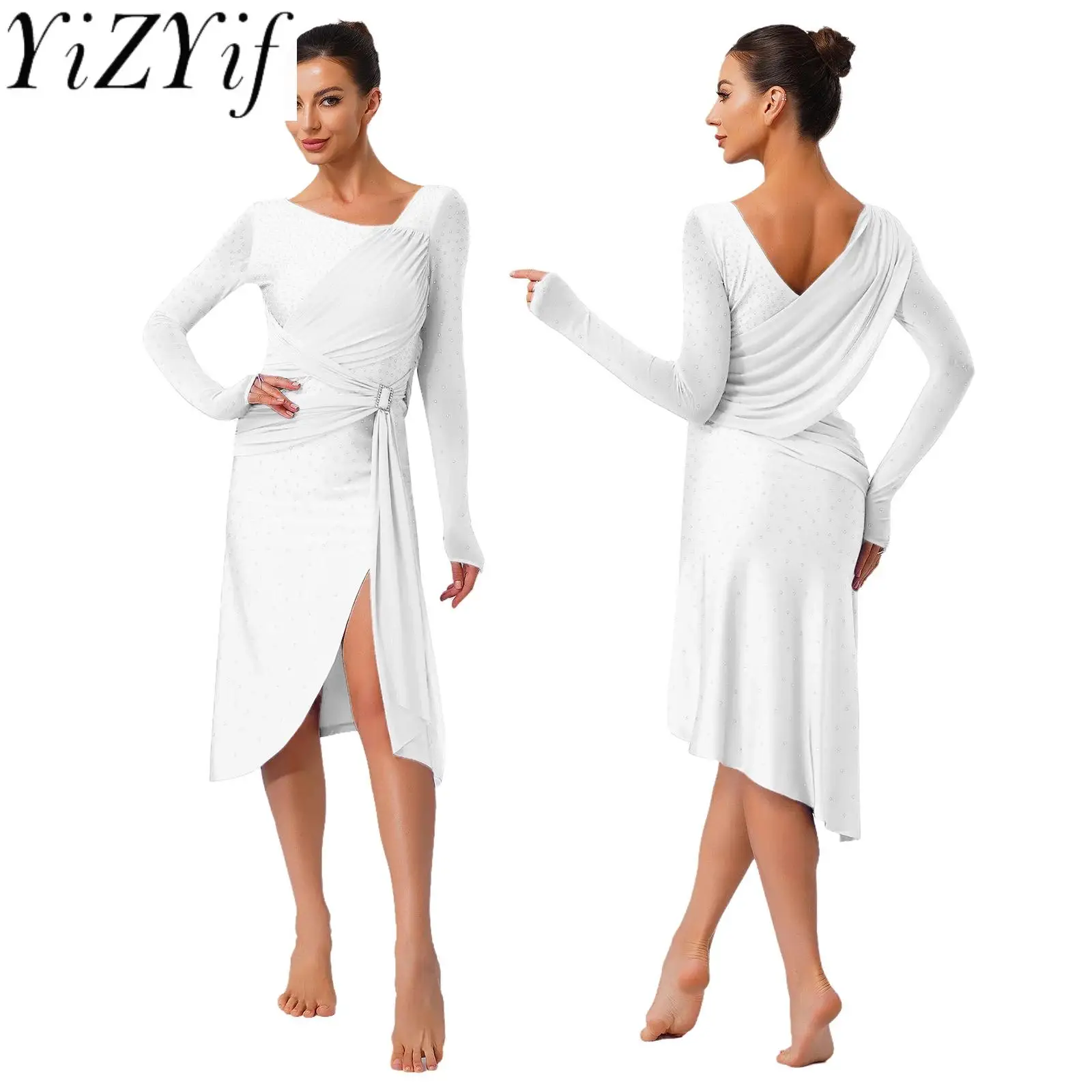 

Women Long Sleeve Rhythm Latin Modern Ballroom Dress Dance Costume Rhinestone Decor High Slit Lyrical Waltz Stage Showing Dress