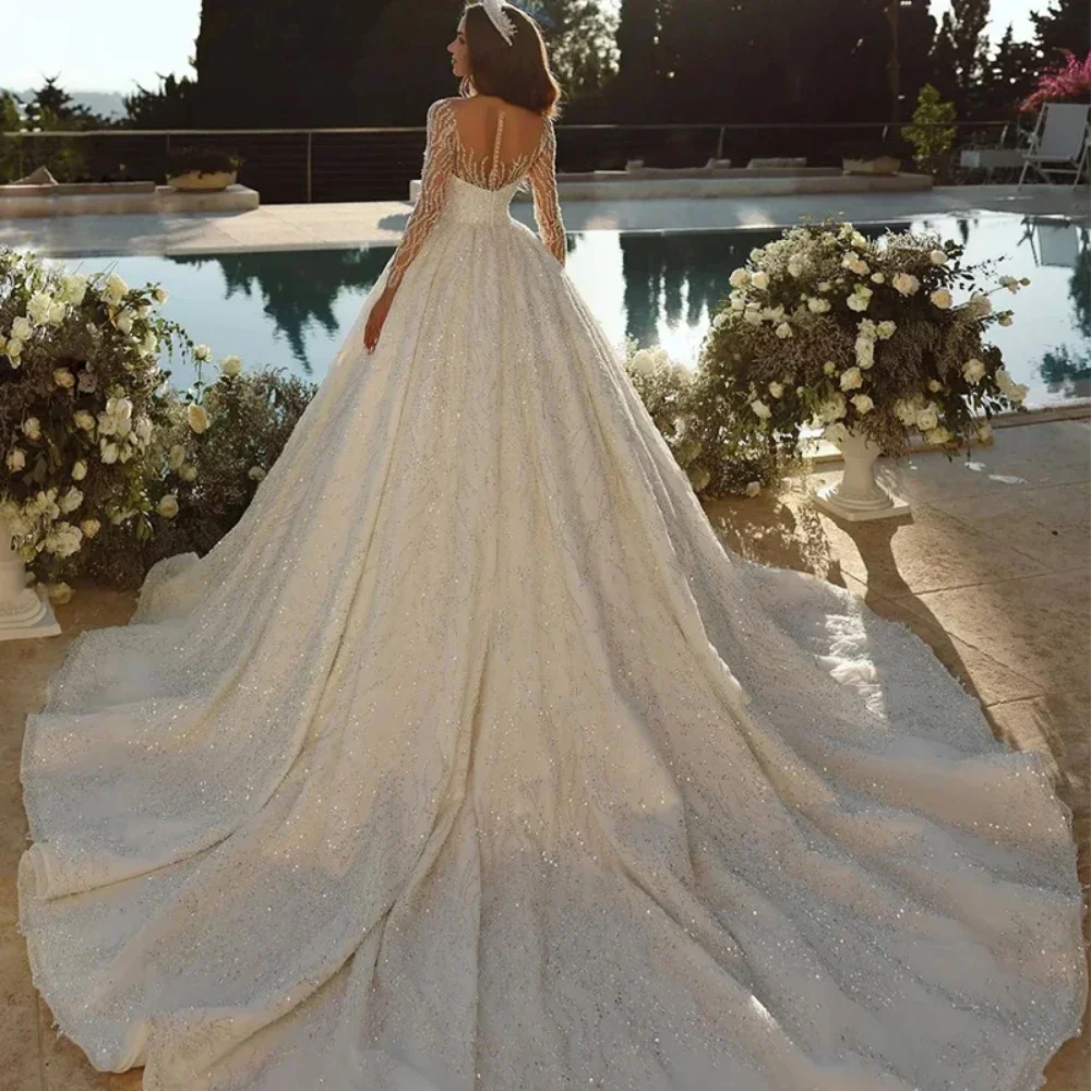 Flavinke customized Wedding Dresses A-Line With Bead Lace Sequins Ball Gown Full Sleeves O-Neck Bride Dresses Vestido De Novia