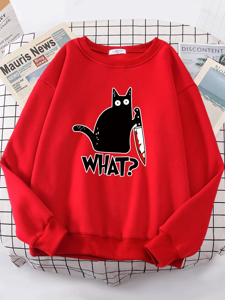 Kitchen Knife Black Cat Wha? Women Sweatshirt Harajuku Casual Hoody Fashion Loose Hoodie Soft Warm vintage Fleece Female Tops