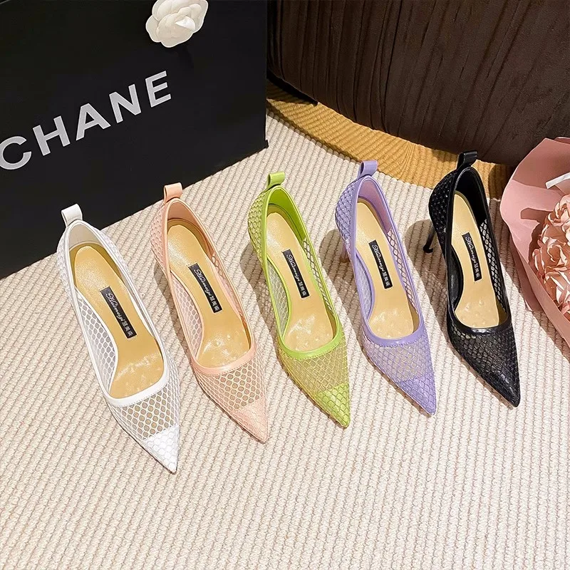 

Spring/Summer Lace Mesh Pointed Hollow Sandals with Thin High Heels Banquet Dress Versatile Large and Small Women's Single Shoes