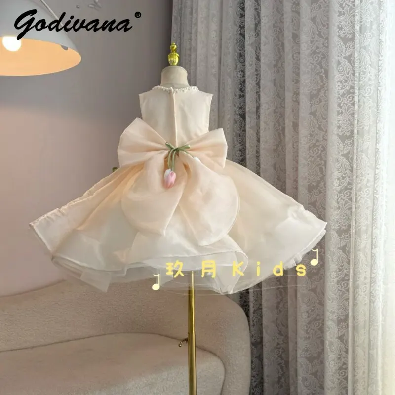 Sweet Baby Girls Heavy 3D Floral Princess Dress Girl Childrens Cute French Pearls Collar Sleeveless Elegant Bow Tulle Ball Gown