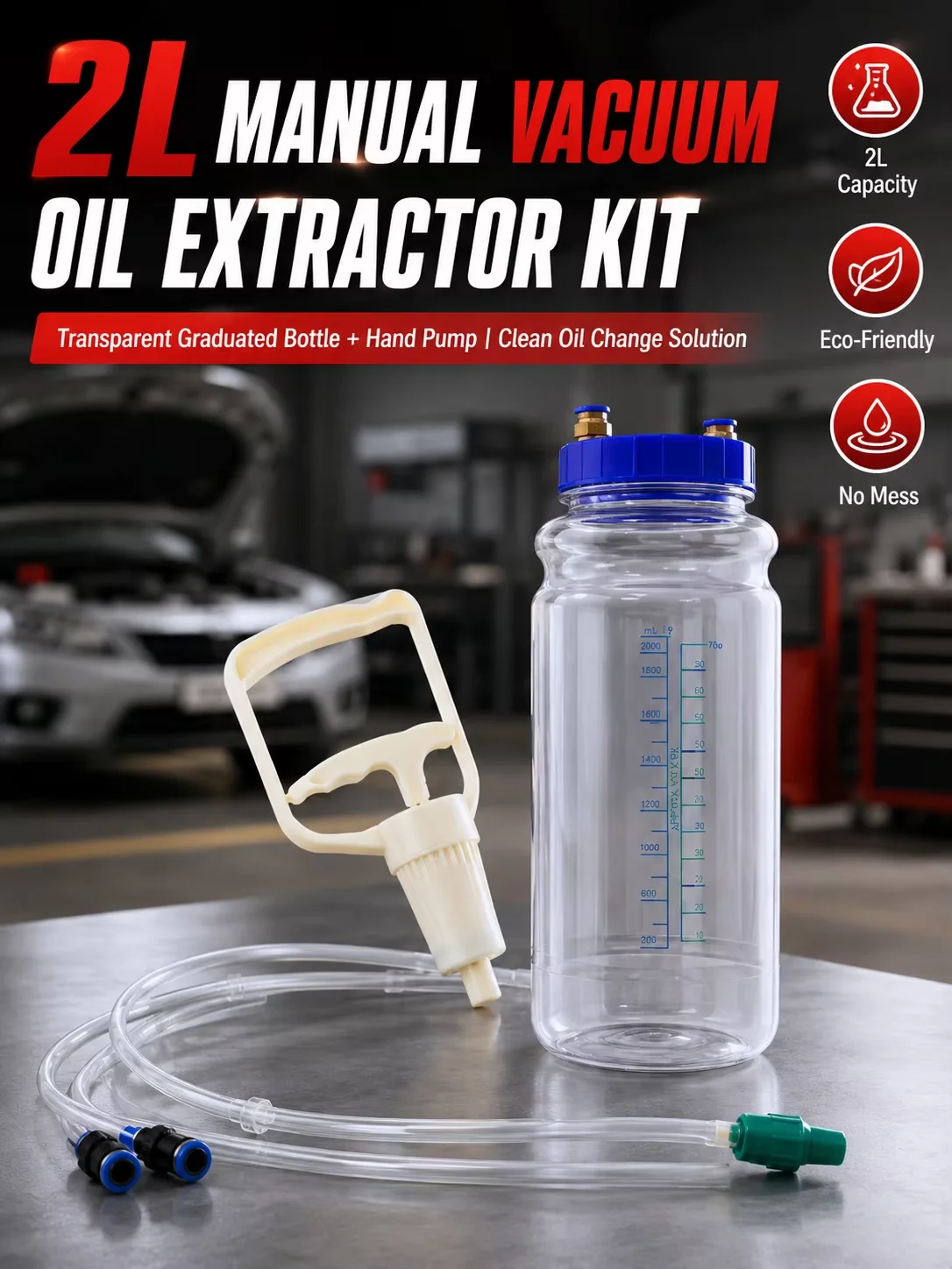 2L Manual Vacuum Oil Extractor Kit – Transparent Graduated Bottle + Hand Pump for Clean Car Oil Change