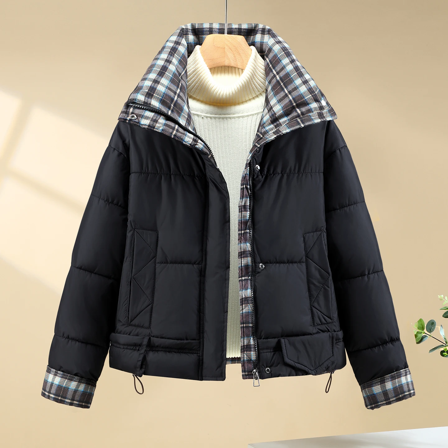 เสื้อแจ็คเก็ตผ้าฝ้ายลายสก็อตสำหรับผู้หญิง แฟชั่นเรียบง่าย คอตั้ง หนา อุ่น สไตล์เกาหลี ลำลอง หลวม