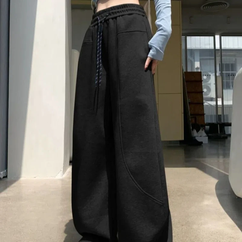 Women's 2024 New Autumn Winter Spliced Elasticized High-waisted Pocket Drawstring Fashion Solid Color Loose Casual Sports Pants