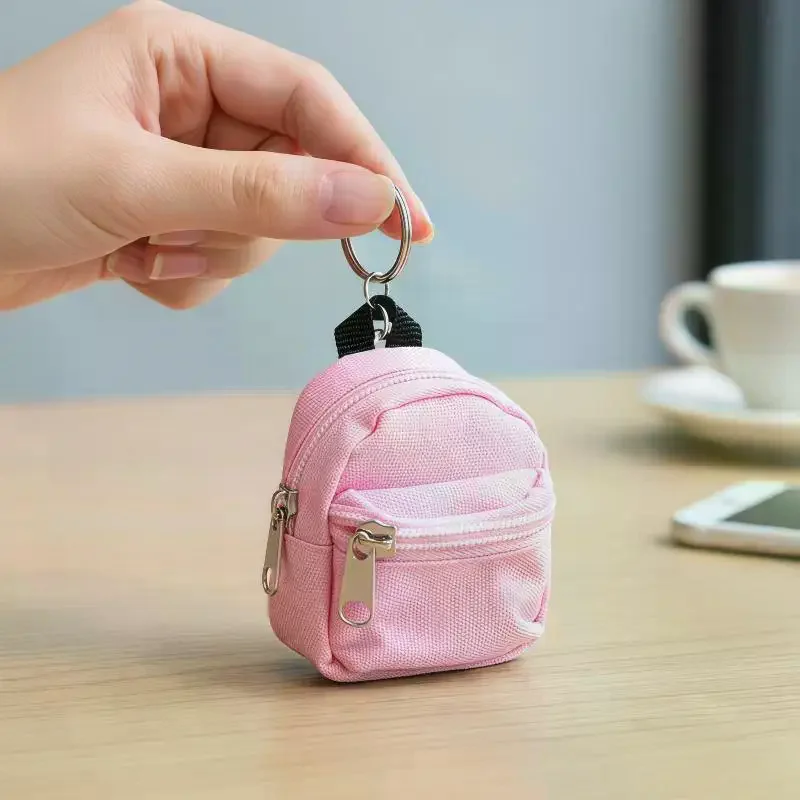 Portable Mini Canvas Backpack Coin Purse with Key Ring Dustproof Zipper Closure Small Storage Bag for Holiday Travel Use