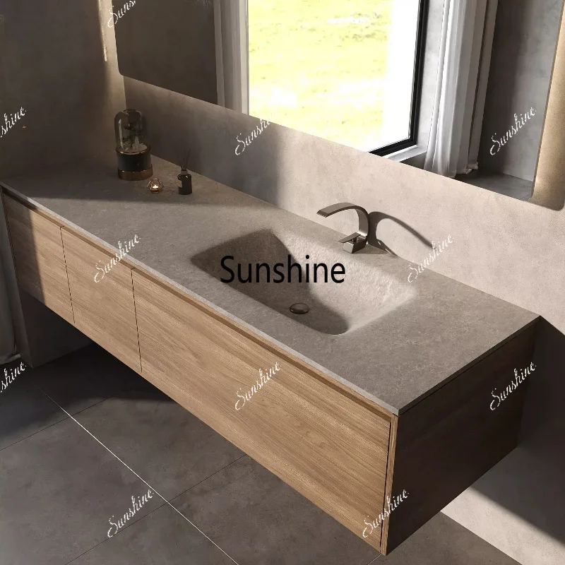 Wabi-sabi minimalist style sintered stone seamless integrated bathroom cabinet combo for washingTJ