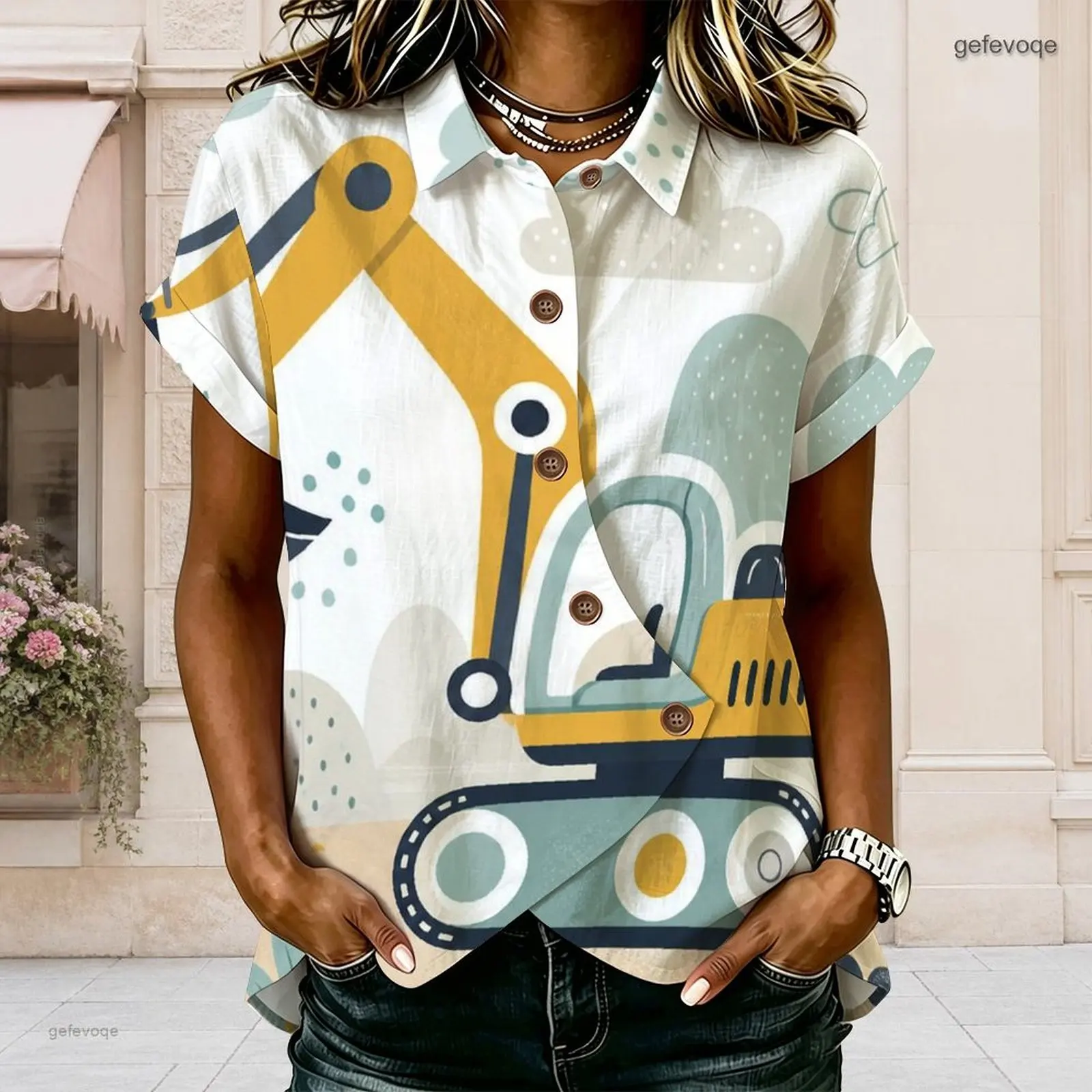 Women Shirt with Print Collared Neck Short Sleeve Button Front Cross Hem