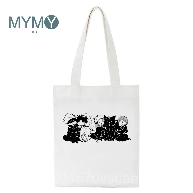 Japanese Anime Shoulder Bags for Women Jujutsu Kaisen Printed Casual Tote Bag Large Reusable Shopping Bags White Canvas Handbags