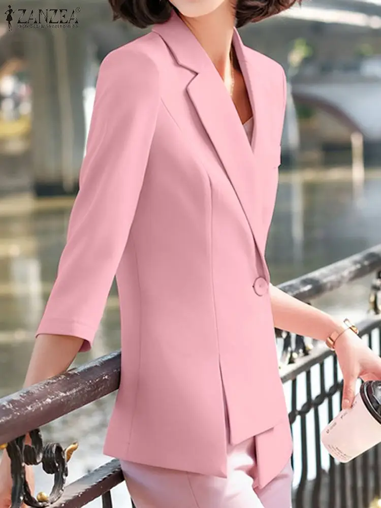 ZANZEA-Blazer à col à revers vintage pour femmes, manteau de bureau pour dames, manches 2023, vêtements d'extérieur de trajet imbibés, mode automne, 3/4