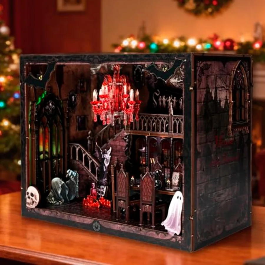 DIY Miniature House Kit with LED Lights - Gothic Book Nook Decor 3D Wooden Puzzle for Adults Halloween Home Decoration AAA Batt