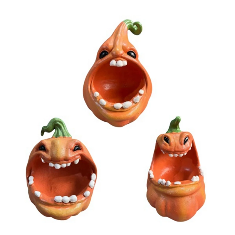 Enjoy New Halloween Pumpkin Storage Box Big Mouth Cartoon Pumpkin Resin Figurine Jewelry Keys Container Desktop Decors