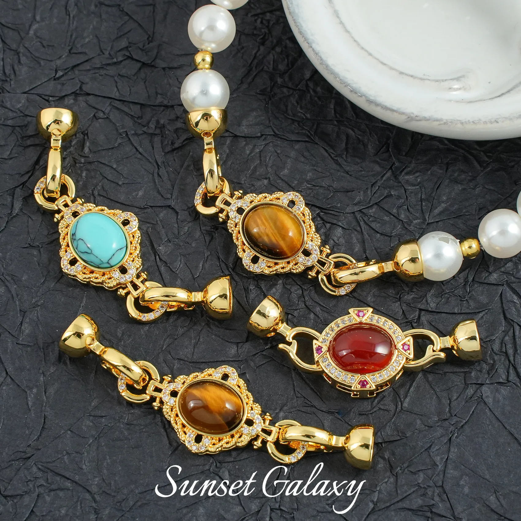 18k Plated Real Gold Tiger Eye Gemstone Pearl Connecting Port Closing Buckle Handmade DIY Beaded Material Bracelet Accessories