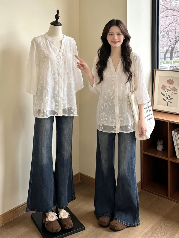

Elegant 3D Embroidery V-Neck Short Sleeve Women's Shirt Summer New plus Size Big MM Chiffon Top Korean Style Loose Fit Commute
