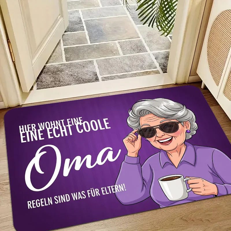 Cool Grandma Door Mat, German Text & Sunglasses Pattern, Funny Purple Welcome Rug, Non-slip Entrance Floor Mat, Home Decor