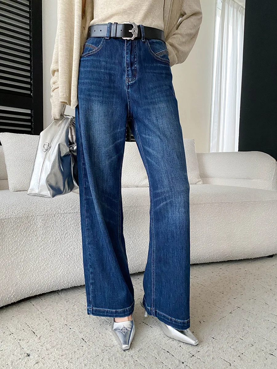 Autumn women's casual solid color cat whisker washed American retro washed high waisted loose fit slimming jeans