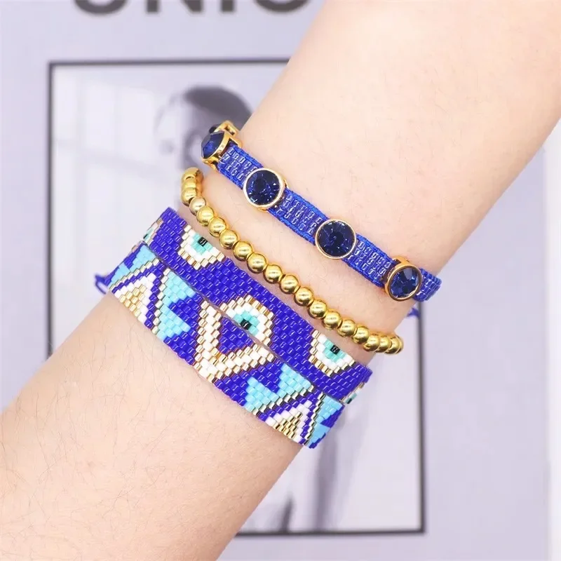 Beaded bracelet Triangle Originality Design Eye Symmetry Bohemia Hand knitting Adjustable Tide female Rice bead bracelet set