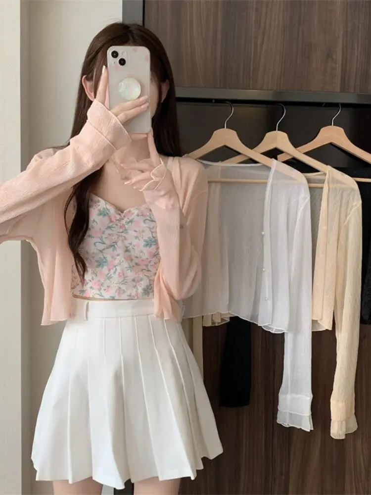 

Модный женский комплект для защиты от солнца: шаль без рукавов, верхняя одежда, двухсекционный комплект из розового шифона (топ и юбка), кардиган-накидка