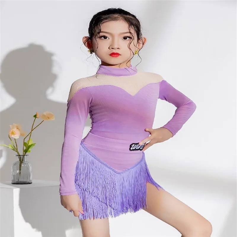 

New Girls' Latin Dance Dress Summer Children Latin Practice Wear Purple Fringe Dress Competition Suit Samba Cha Cha Costume