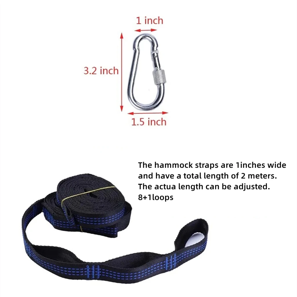 2 Pcs Outdoor Hammock Straps Special Reinforced Polyester Load-Bearing Barbed Black Camping 10 Ring Camping Swing rope Straps