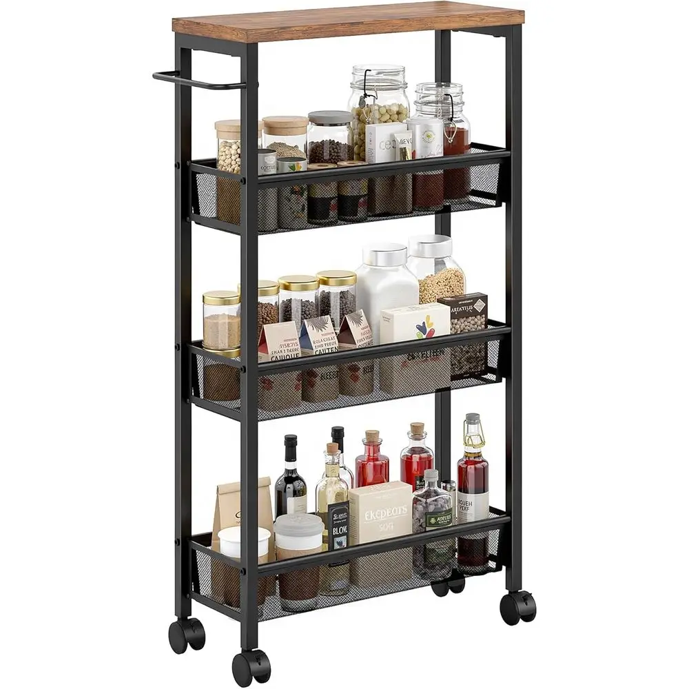 

4 Tier Slim Rolling Cart Organizer, Rolling Carts On Wheels with Storage, Sturdy Metal e Narrow Cart with Handle, Space Saving