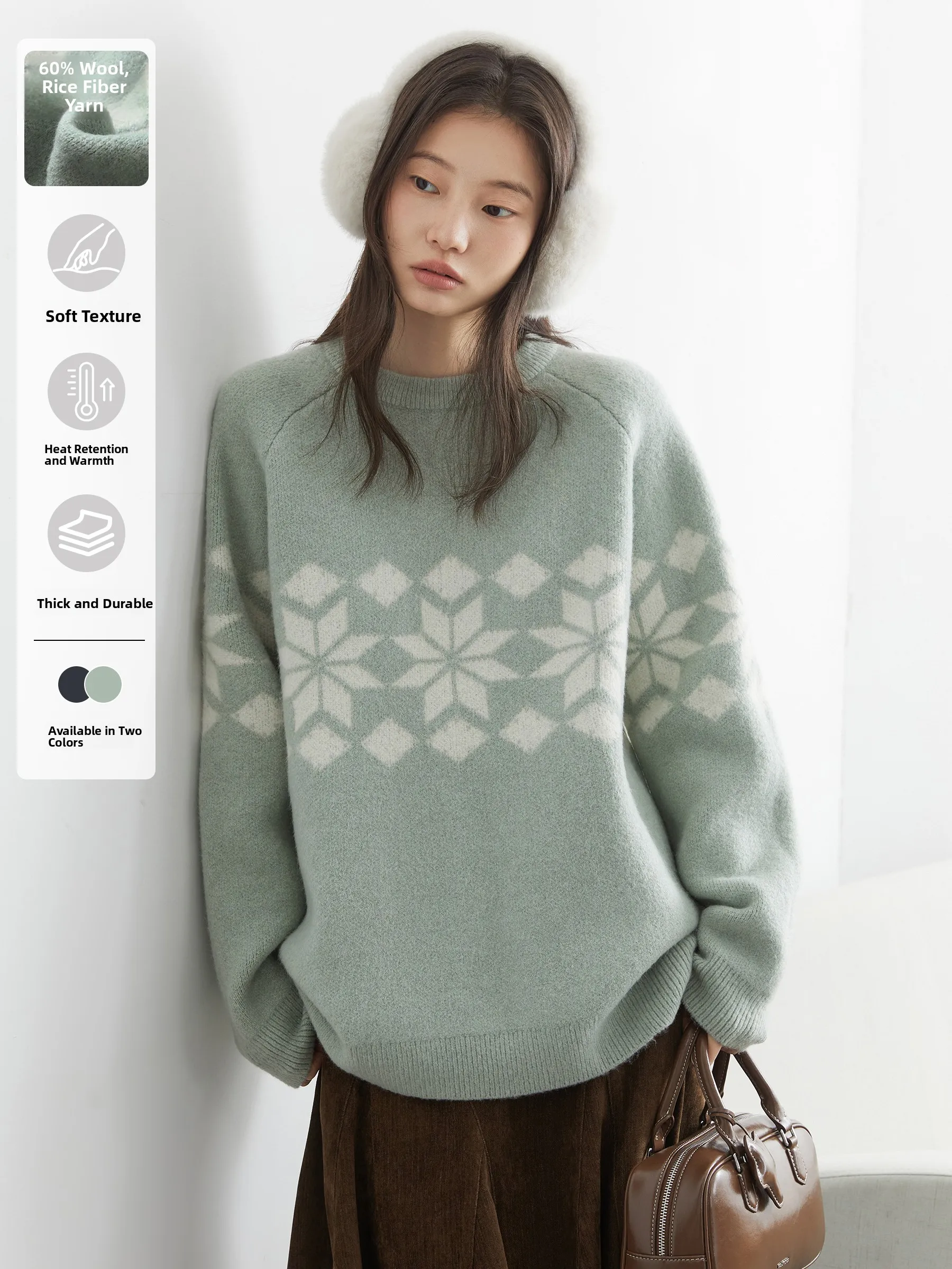 

CHICVEN колледж зимний круглый вязаный свитер Ne Fair Isle Snowflake теплый вязаный свитер мягкий свободный крой Long Sve Thermal