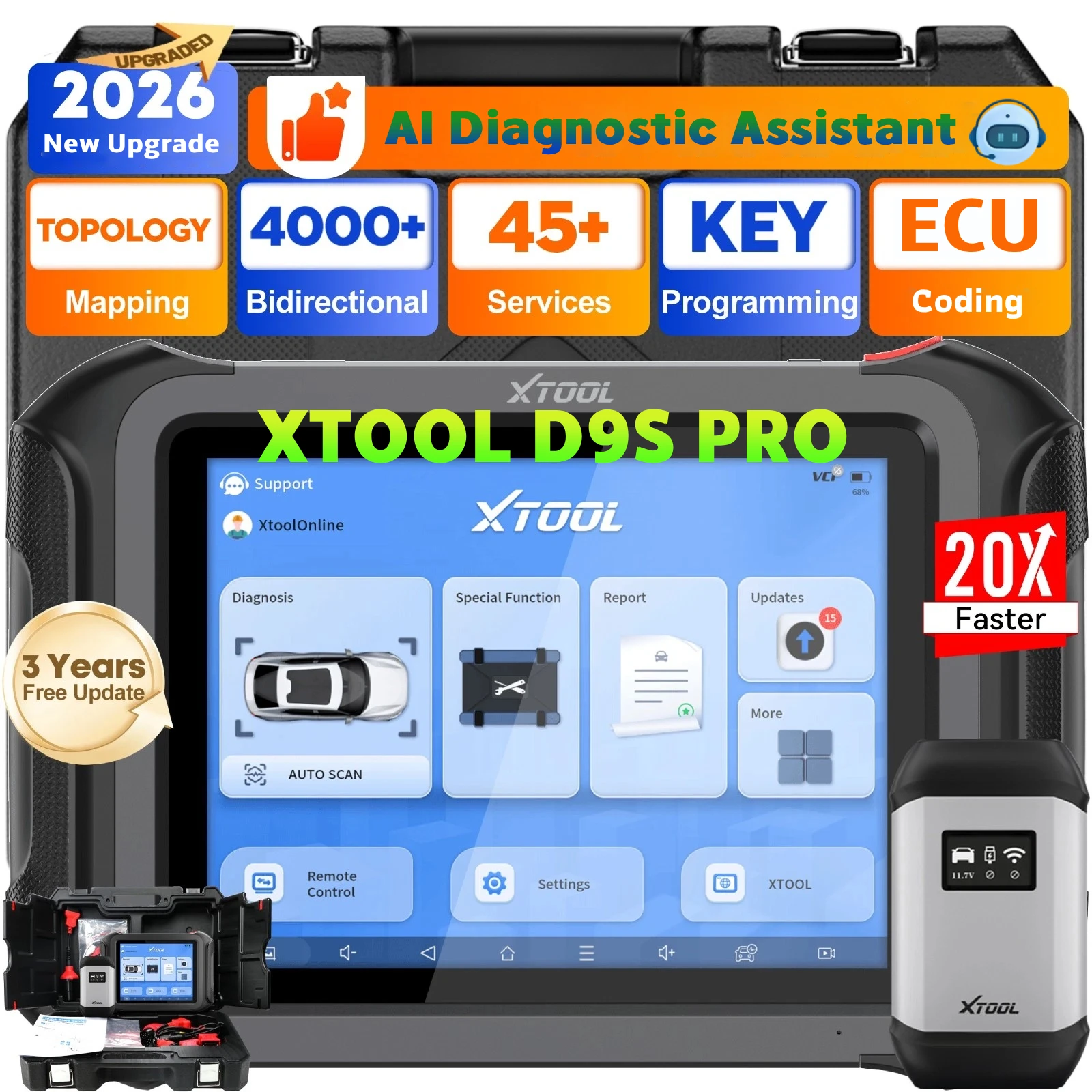 USA Warehouse XTOOL D9S Pro Car Diagnostic Tool OBD2 Scanner Automotriz Profesional Car Key Programming Machine with 45+ Reset