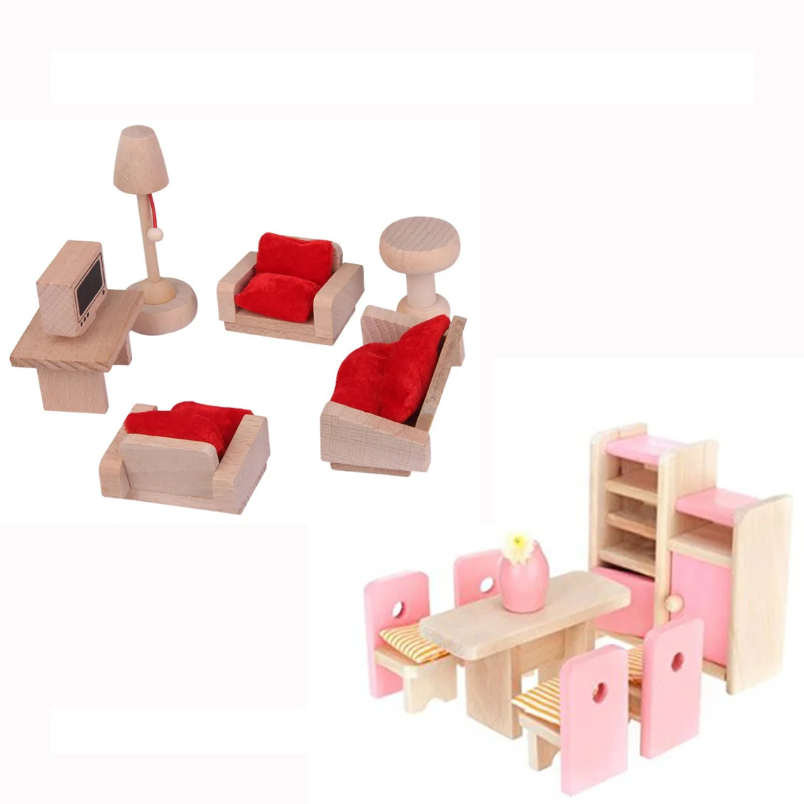 Mini-Haus Esszimmer Holzmöbel-Set Tisch + Stuhl + Ausstellungseinheit + Vase Mini-Hausmöbel Hausmöbel