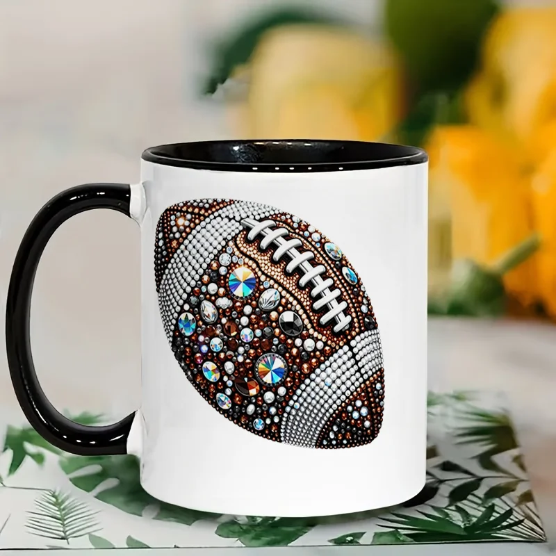 Football Rhinestone Colorful Print Ceramic Coffee Mug 11oz 350ml Personalized Custom Microwave Safe Cute Aesthetic Birthday Gift