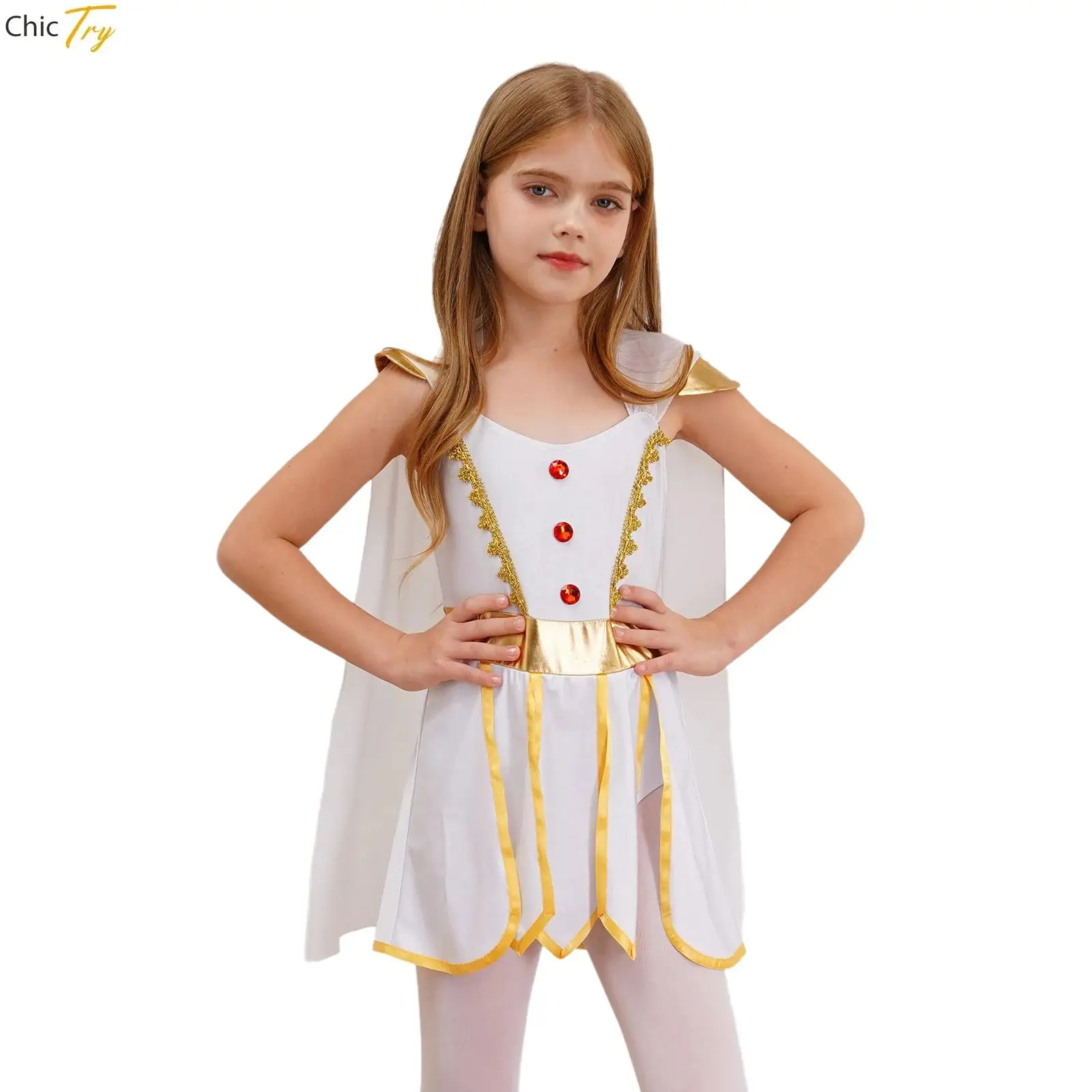 

Kids Girls Halloween Ancient Greek Princess Cosplay Costume Greek Roman Empress Tulle Toga Costume with Arm Sleeve Outfit Party