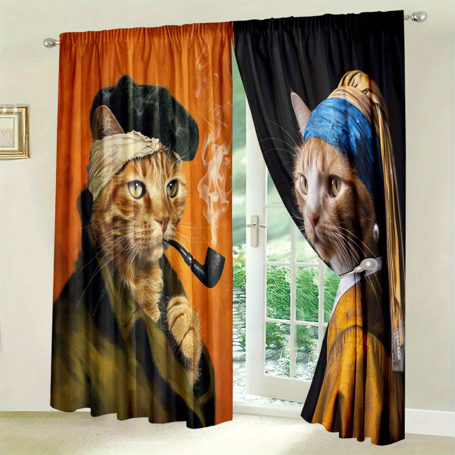 Whimsical Cat Art Curtains Gothic Style Panel Window Drapes Unique Pop Culture Pet Lovers Gift Home Decor Aesthetic