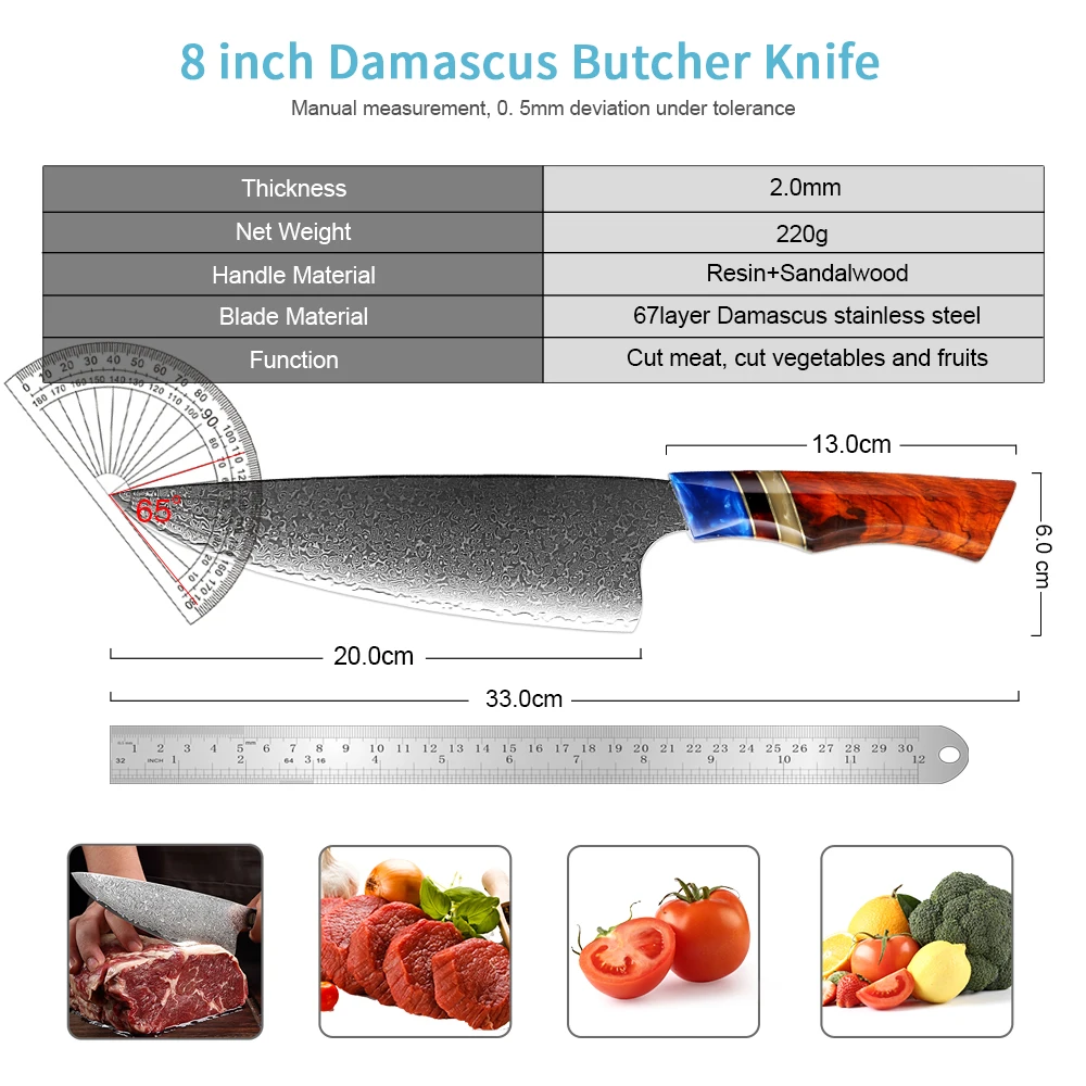 Chef Knife 8 Inch Damascus Butcher Knife Japan VG-10 Super Stainless Steel Professional Super Sharp Kitchen Cooking Knife