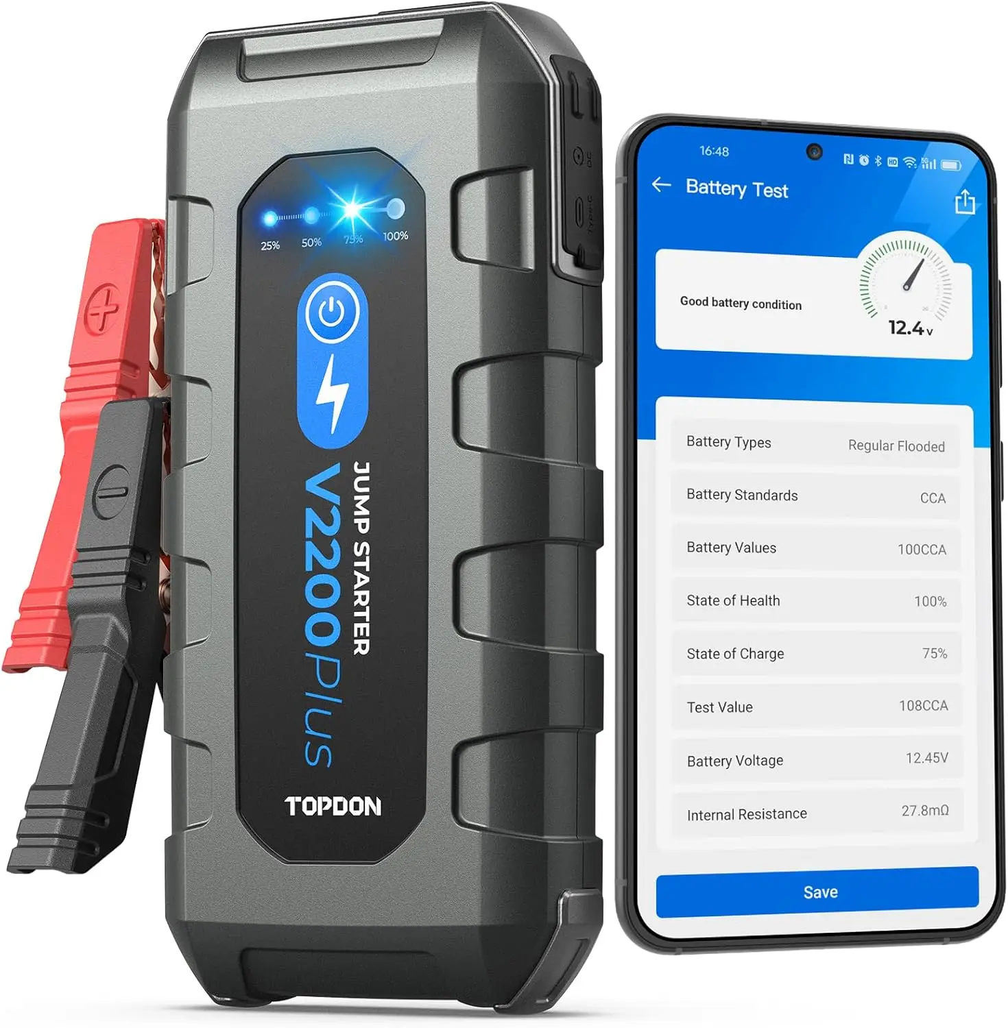 

Car Battery Jump Starter and Battery Tester TOPDON 2-in-1 2200A Peak Battery Jump Starter for Up to 8L Gas/6L Diesel Engines 12V