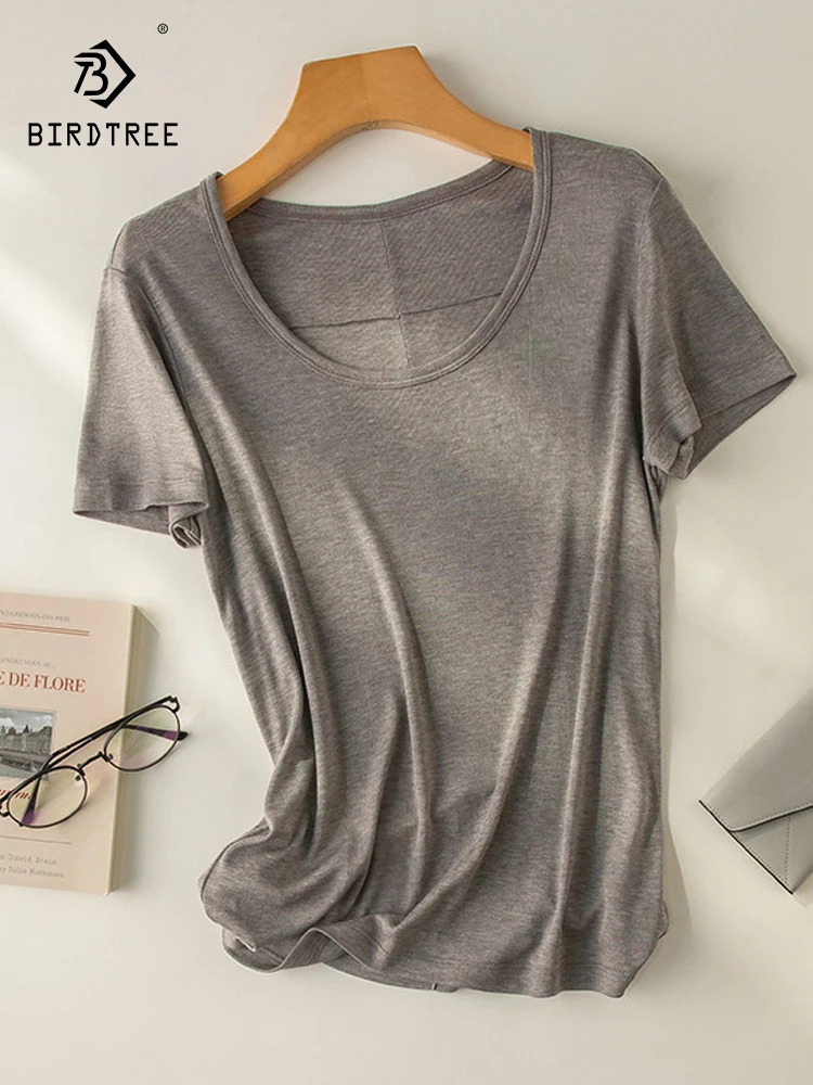 

BirdTree, 6.4%Natural Silk Elegant T-Shirt, Women O Neck Short Sleeve, Commute Lazy Thin Knit Tee, 2024 Summer Fall T46533QC