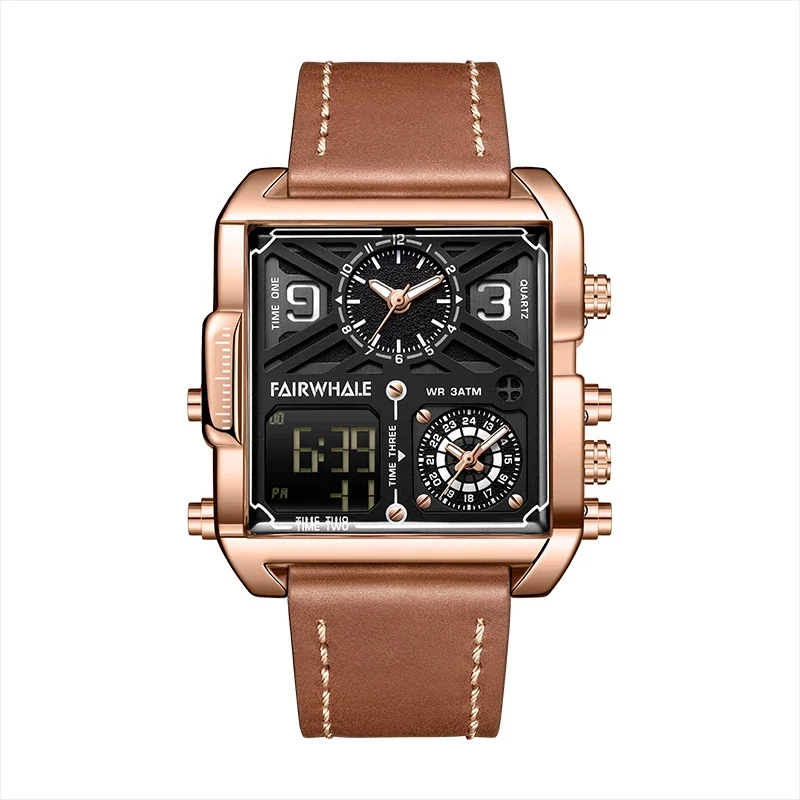 

Mark Fairwhale Men's Luxury Quartz Watch Fashion Brown Leather Strap Military Style Square Electronic Wristwatch
