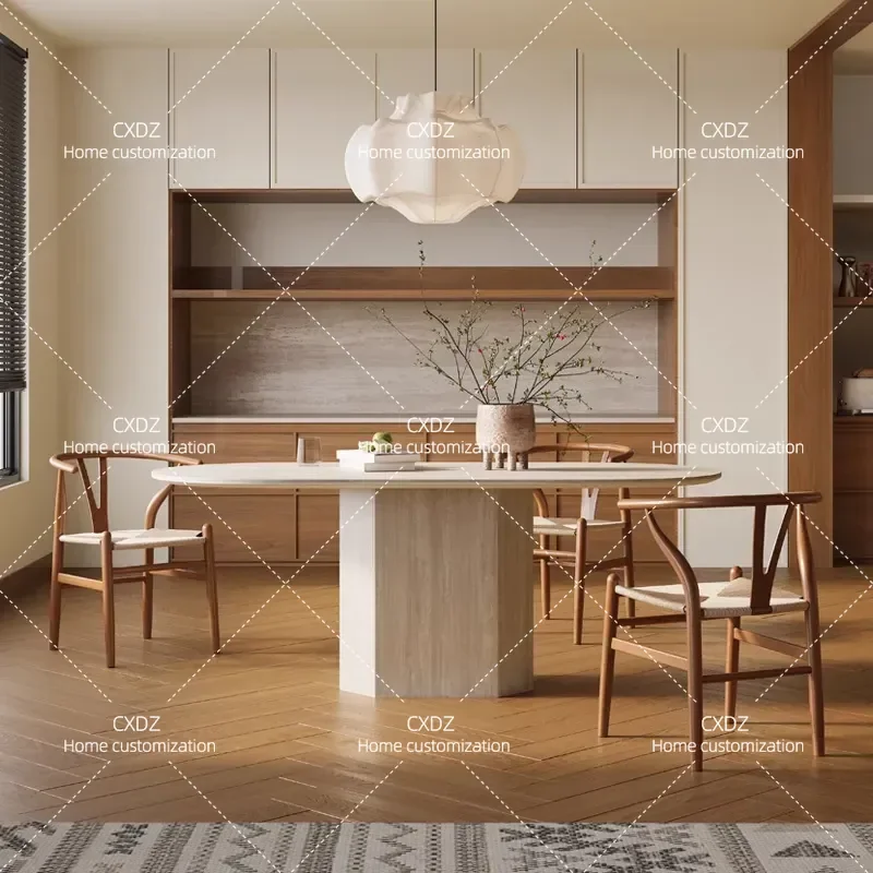 Modern Travertine Stone Slab Dining Table Rectangular Simple Design for Small Apartment Home Kitchen Furniture