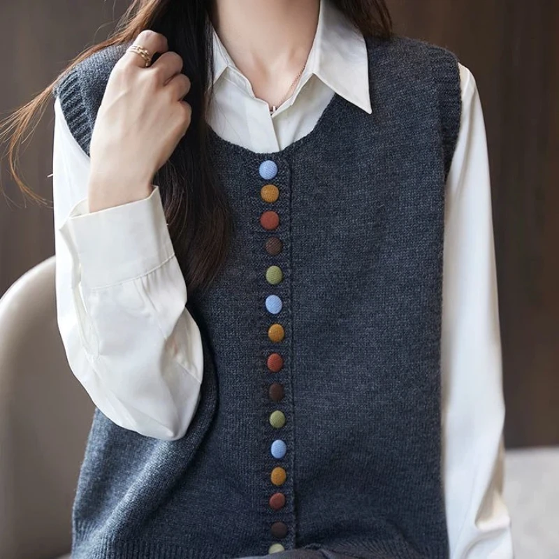 

Контрастный лоскутный вязаный винтажный свитер на пуговицах, жилет, осень-зима, универсальные модные топы без рукавов, повседневная трендовая женская одежда