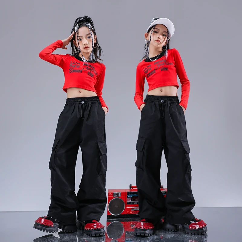 Kids Kpop Outfits Hip Hop Clothing Red Crop Sweatshirt Casual Sweat Pants Streetwear For Girl Boy Jazz Dance Costume Clothes