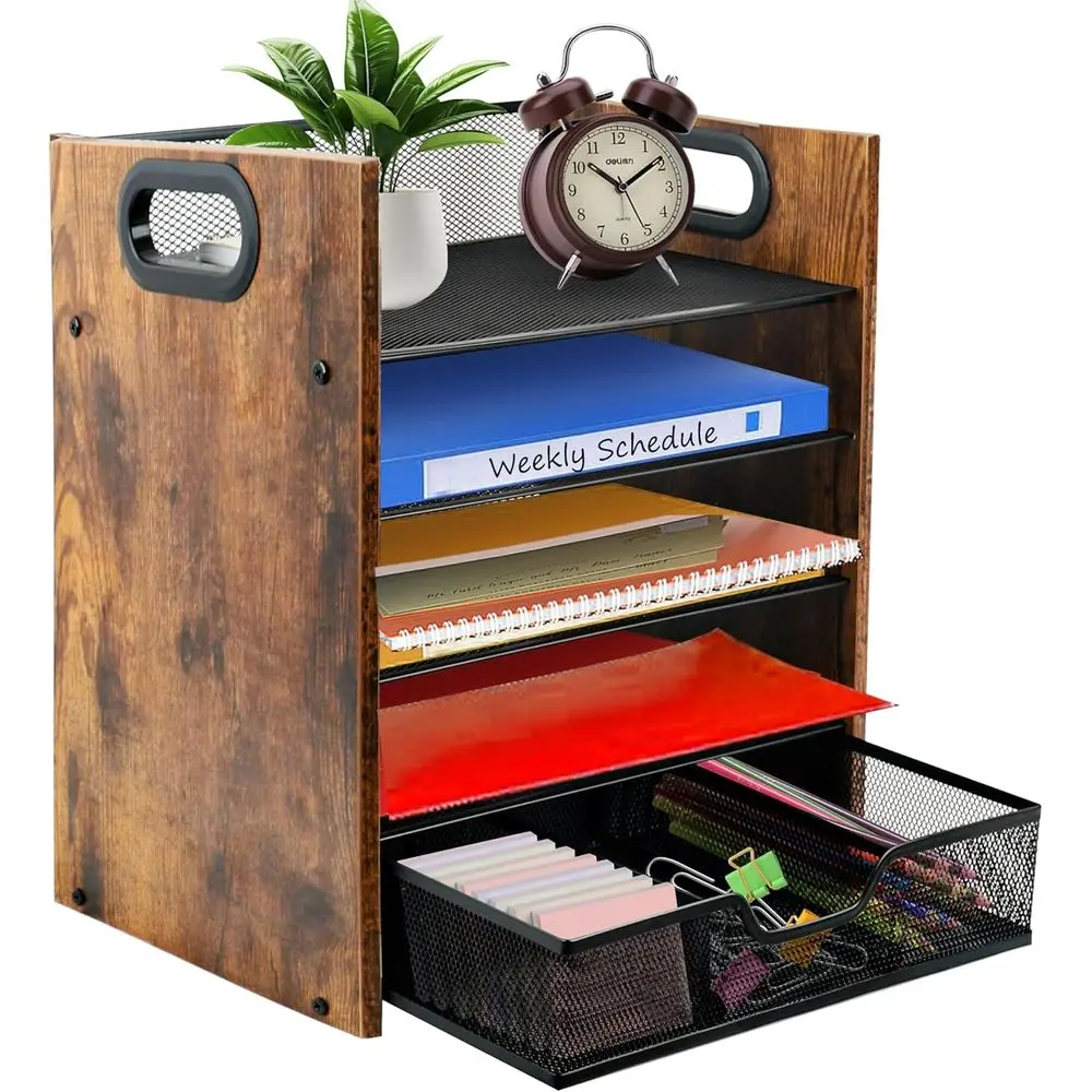 

5-уровневый деревянный органайзер для стола с выдвижным ящиком, лоток для бумаг, канцелярских принадлежностей, почты и канцтоваров