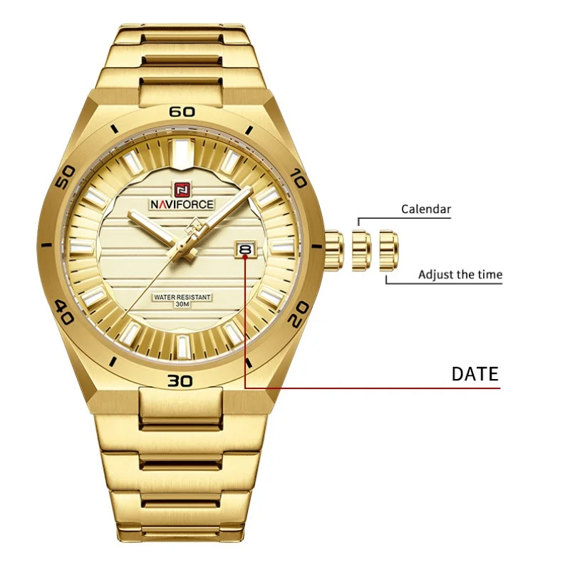 Clock NAVIFORCE Stainless Steel Men's Wristwatch 3ATM Waterproof Simple Fashion with Night Glow Pointer Calendar Display Male