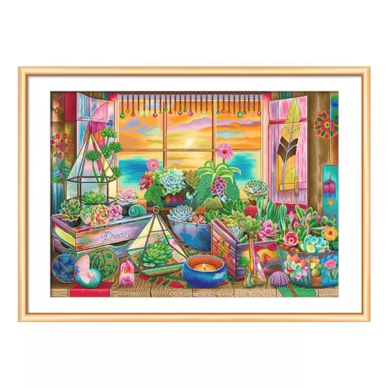 16ct 119X88cm Cactus Pre-Printed Cross Stitch DIY Embroidery Set Handicraft Floss Needle Crafts 102 Colors