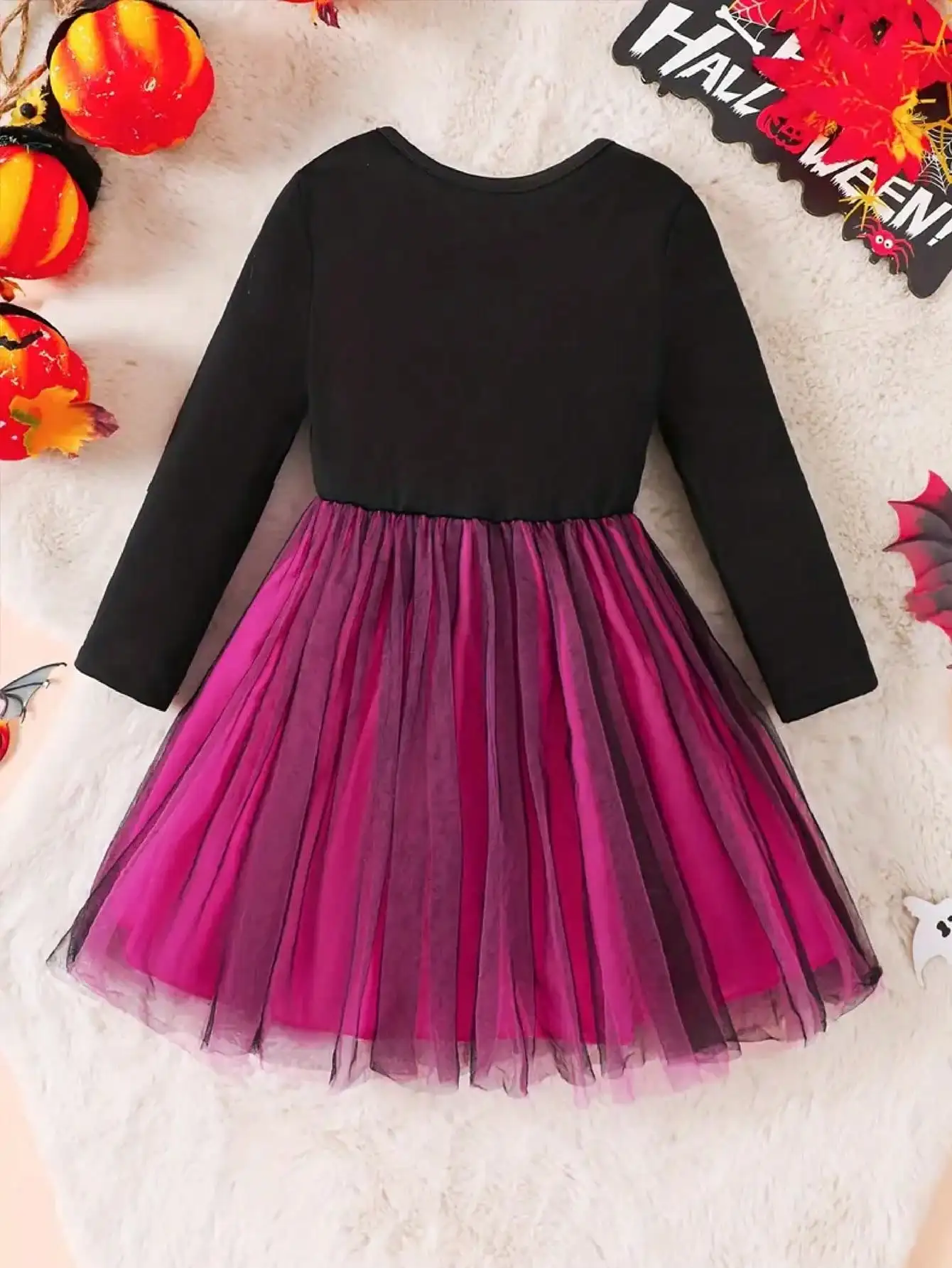 Kinder-Halloween-Kleid mit Knochenmuster, Netzstoff, Rundhalsausschnitt, Langarm, Lässig-Elegant, Mittellanger Rock für Herbst und Winter – Detail 4