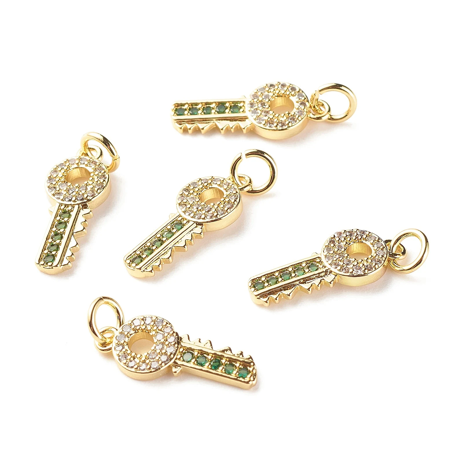 

10pcs Brass Micro Pave Green & Clear Cubic Zirconia Pendants Key Real 18K Gold Plated for Making DIY Jewelry Necklace Earring